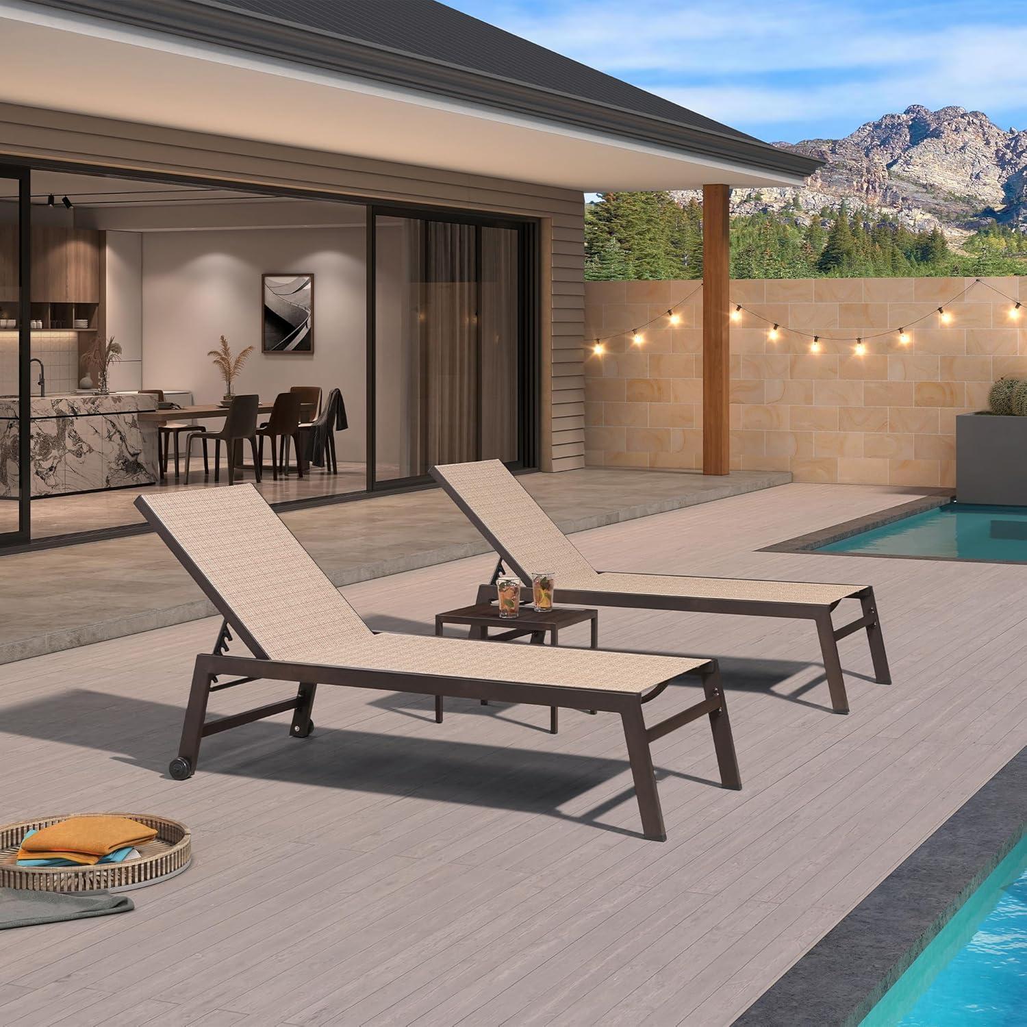 image:imagePURPLE LEAF Outdoor Chaise Lounge Chair Set of 2 Patio Pool Textilene Loungers with Adjustable Backrest and Wheels Includes Side Table for Deck Lawn Garden CreamLight Tan