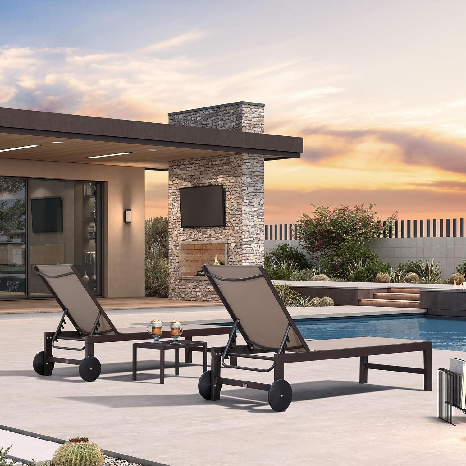 image:imagePURPLE LEAF Outdoor Chaise Lounge Chair Set of 2 Patio Pool Textilene Loungers with Adjustable Backrest and Wheels Includes Side Table for Deck Lawn Garden CreamSand Beige