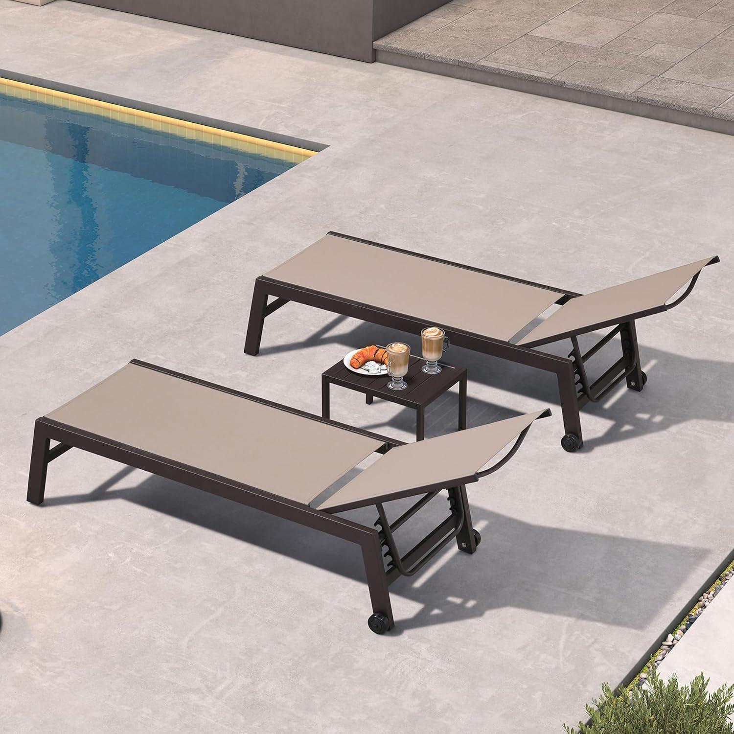 image:imagePURPLE LEAF Outdoor Chaise Lounge Chair Set of 2 Patio Pool Textilene Loungers with Adjustable Backrest and Wheels Includes Side Table for Deck Lawn Garden CreamTaupe