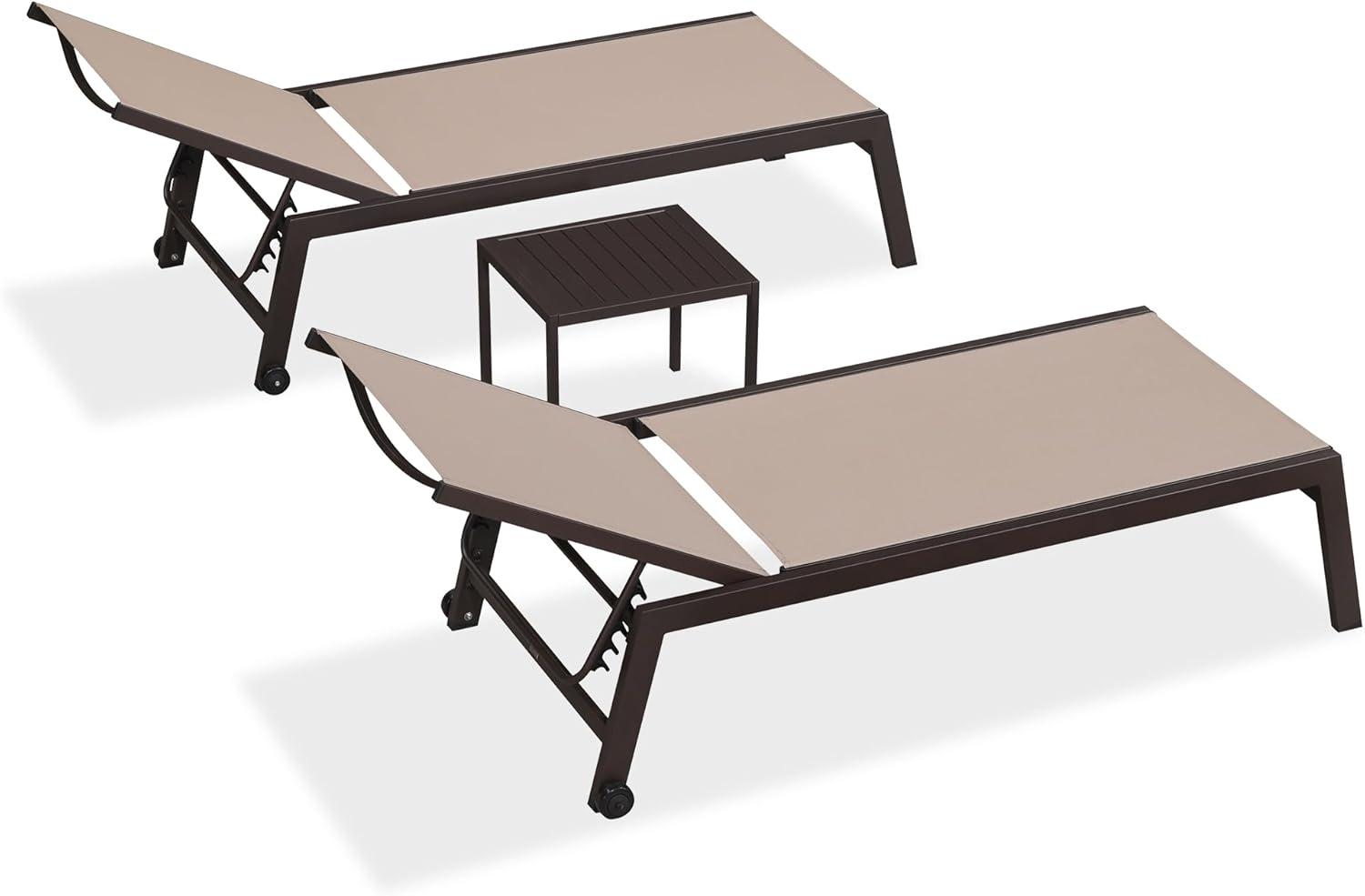 image:imagePURPLE LEAF Outdoor Chaise Lounge Chair Set of 2 Patio Pool Textilene Loungers with Adjustable Backrest and Wheels Includes Side Table for Deck Lawn Garden CreamTaupe