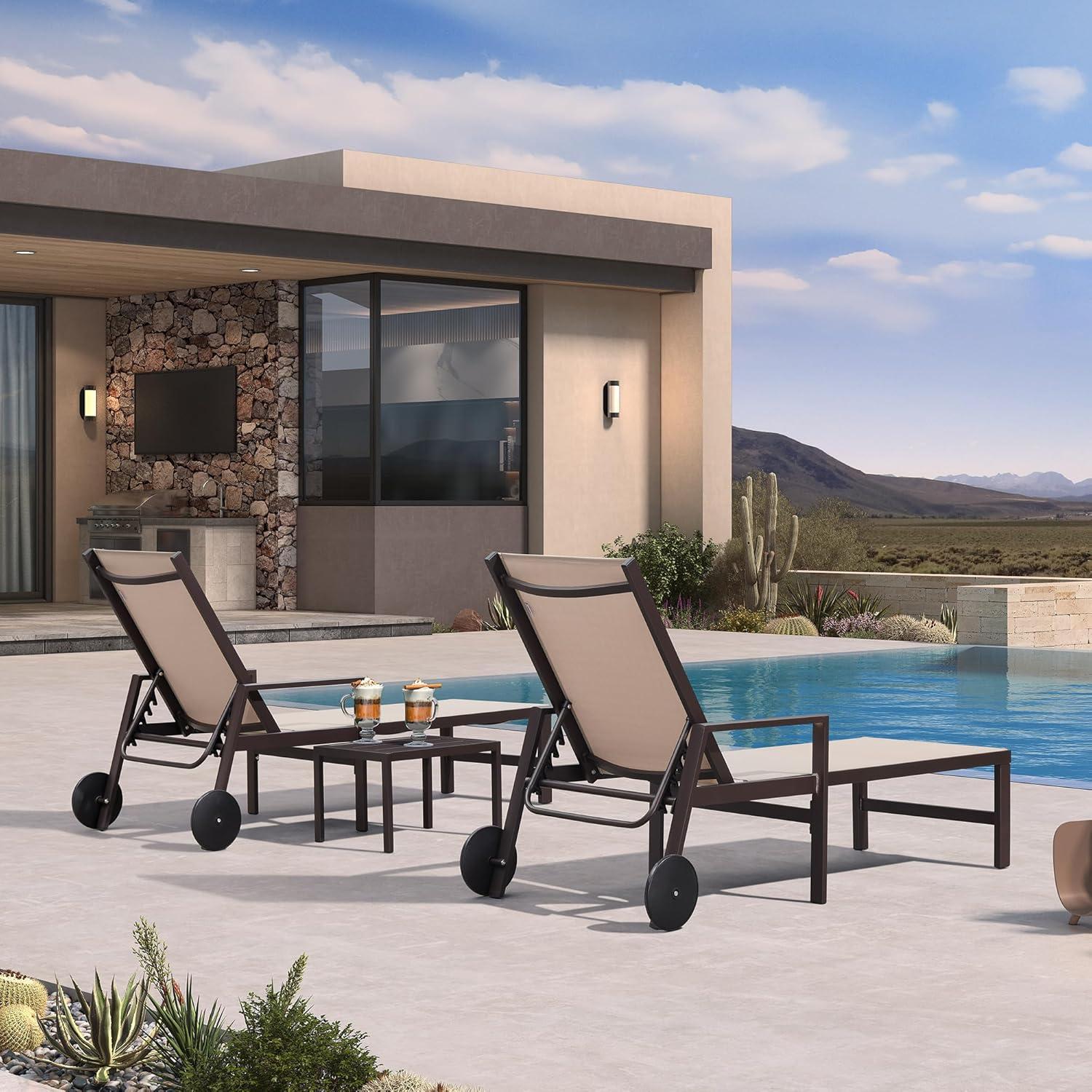 image:imagePURPLE LEAF Outdoor Chaise Lounge Chair Set of 2 Patio Pool Textilene Loungers with Adjustable Backrest and Wheels Includes Side Table for Deck Lawn Garden CreamSand Beige