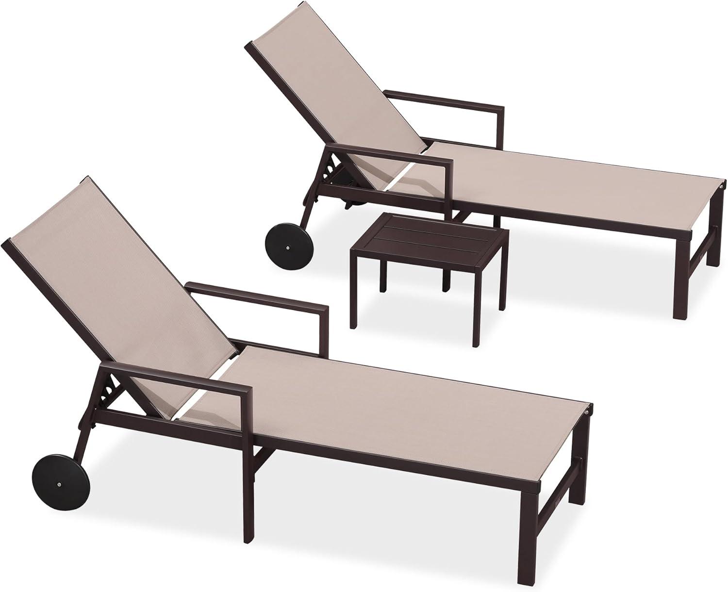 image:imagePURPLE LEAF Outdoor Chaise Lounge Chair Set of 2 Patio Pool Textilene Loungers with Adjustable Backrest and Wheels Includes Side Table for Deck Lawn Garden CreamSand Beige