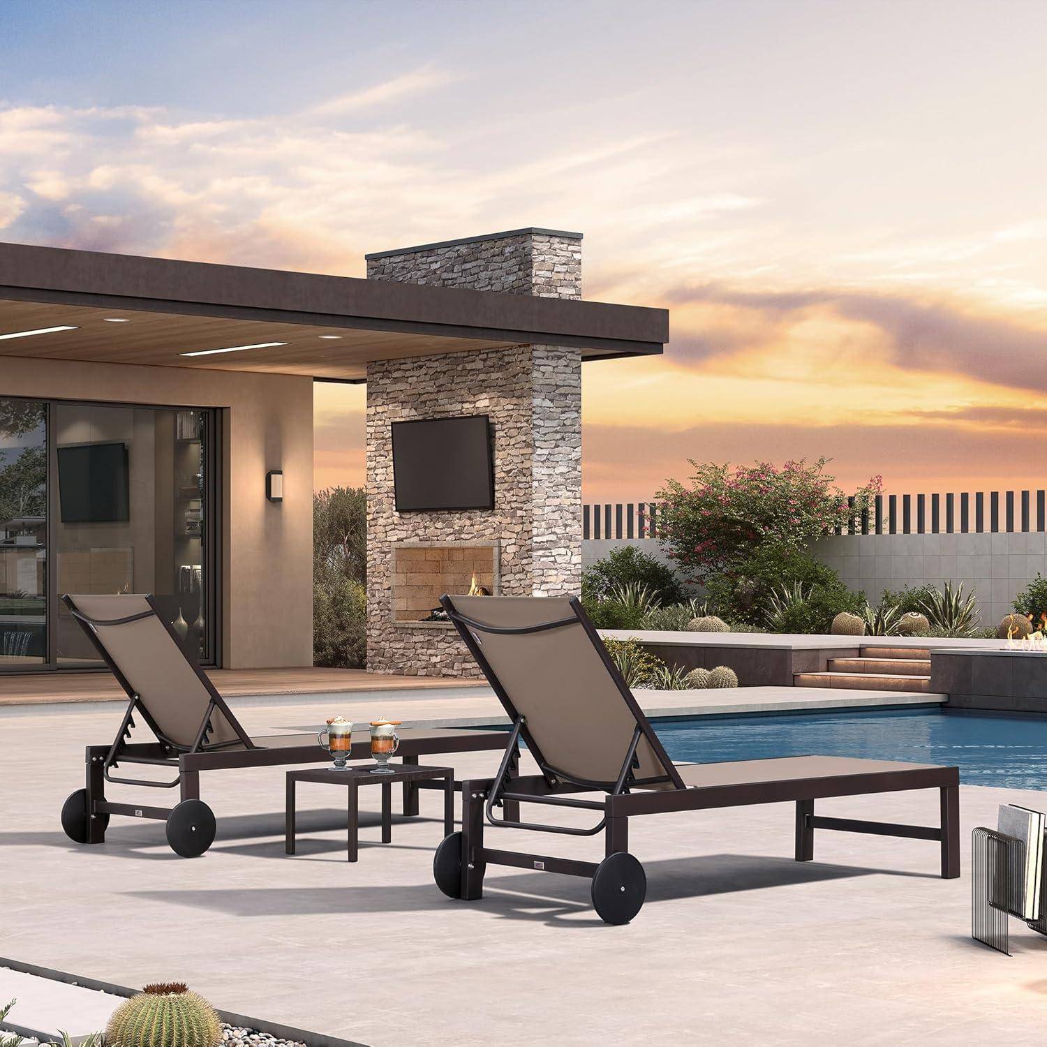 image:imagePURPLE LEAF Outdoor Chaise Lounge Chair Set of 2 Patio Pool Textilene Loungers with Adjustable Backrest and Wheels Includes Side Table for Deck Lawn Garden CreamTaupe