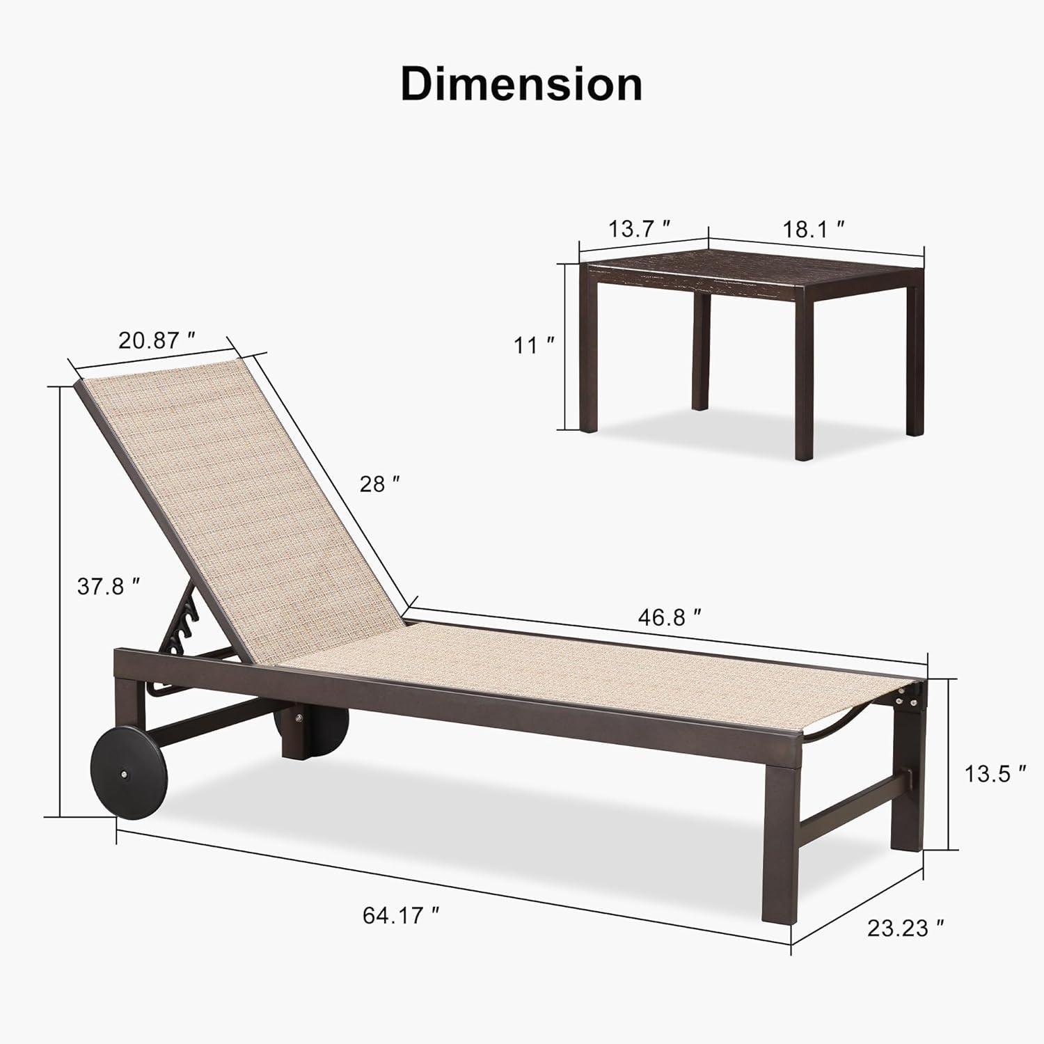 image:imagePURPLE LEAF Outdoor Chaise Lounge Chair Set of 2 Patio Pool Textilene Loungers with Adjustable Backrest and Wheels Includes Side Table for Deck Lawn Garden CreamLight Tan