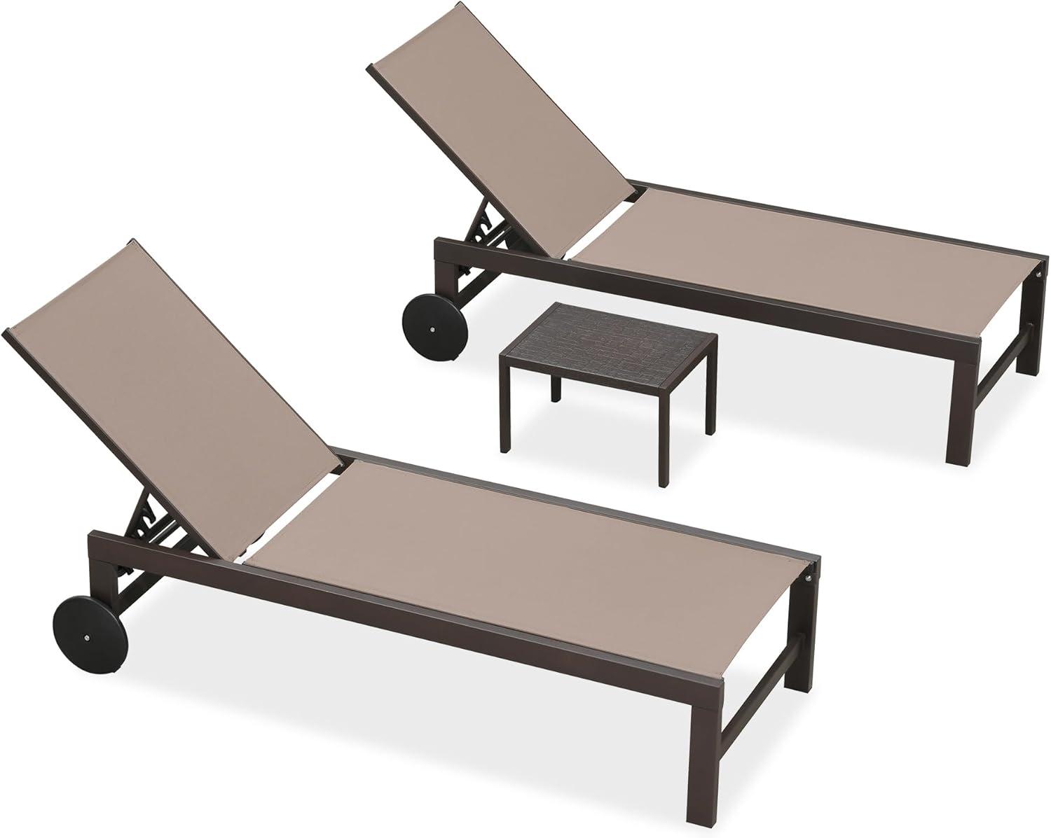 image:imagePURPLE LEAF Outdoor Chaise Lounge Chair Set of 2 Patio Pool Textilene Loungers with Adjustable Backrest and Wheels Includes Side Table for Deck Lawn Garden CreamTaupe