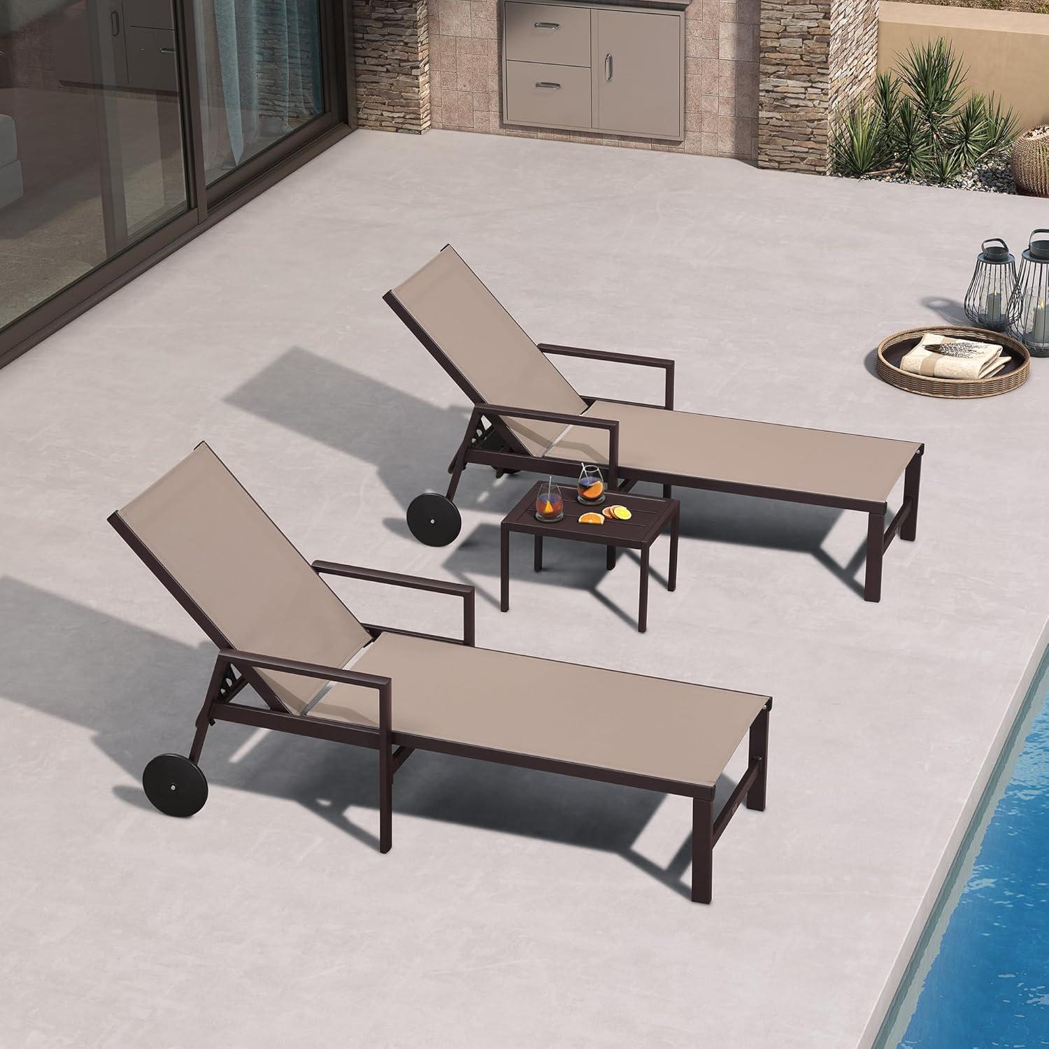 image:imagePURPLE LEAF Outdoor Chaise Lounge Chair Set of 2 Patio Pool Textilene Loungers with Adjustable Backrest and Wheels Includes Side Table for Deck Lawn Garden CreamTaupe