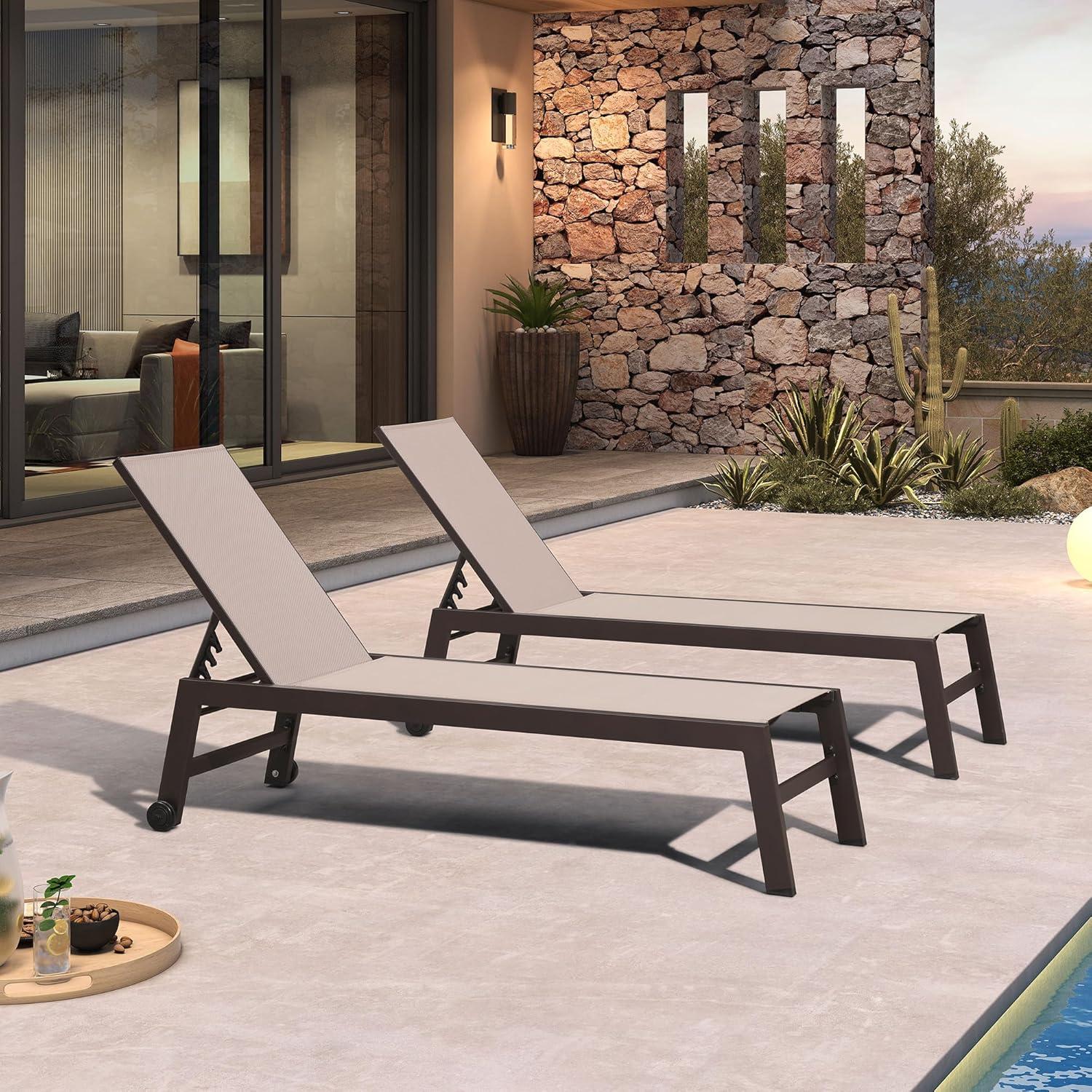 image:imagePURPLE LEAF Outdoor Chaise Lounge Chair Set of 2 Patio Pool Textilene Loungers with Adjustable Backrest and Wheels Includes Side Table for Deck Lawn Garden CreamSand Beige