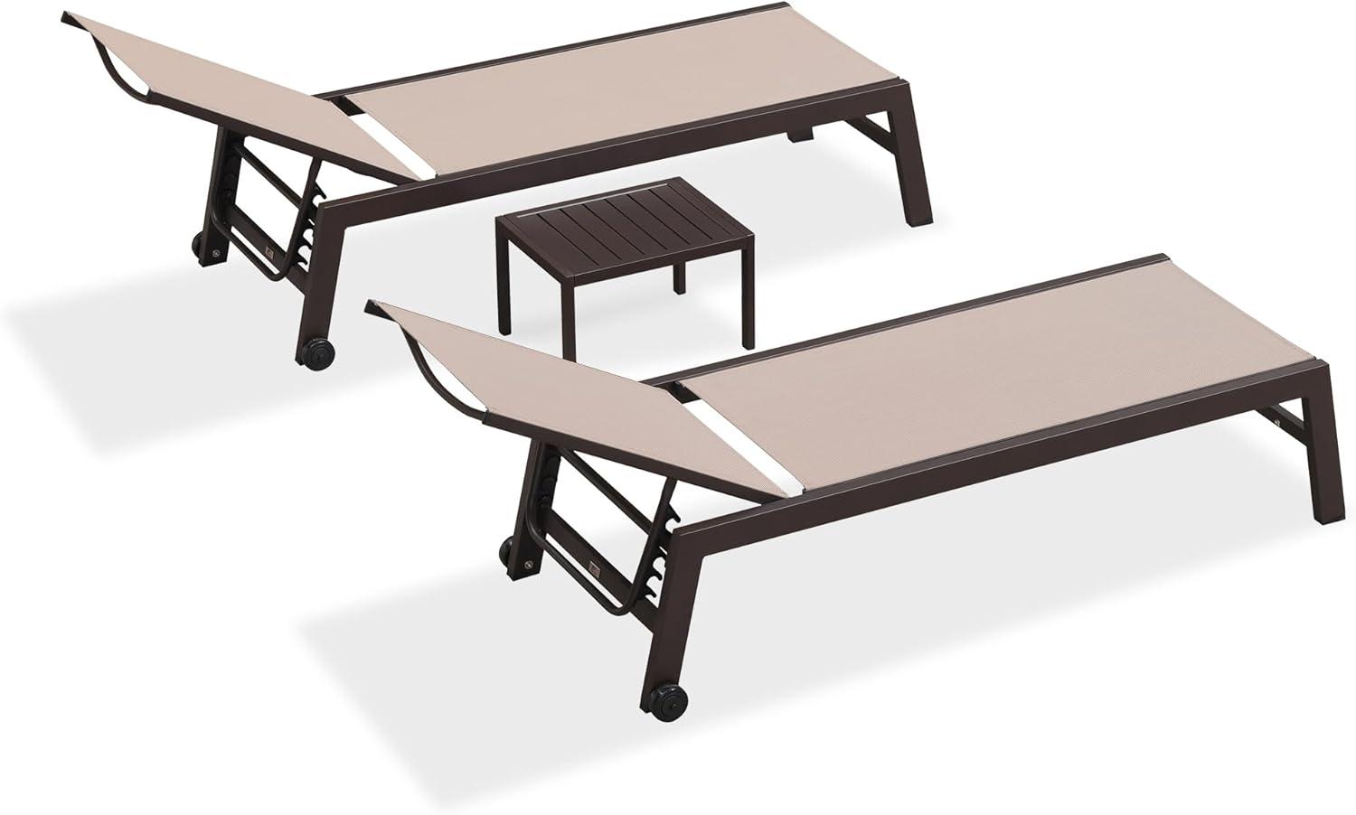 image:imagePURPLE LEAF Outdoor Chaise Lounge Chair Set of 2 Patio Pool Textilene Loungers with Adjustable Backrest and Wheels Includes Side Table for Deck Lawn Garden CreamSand Beige
