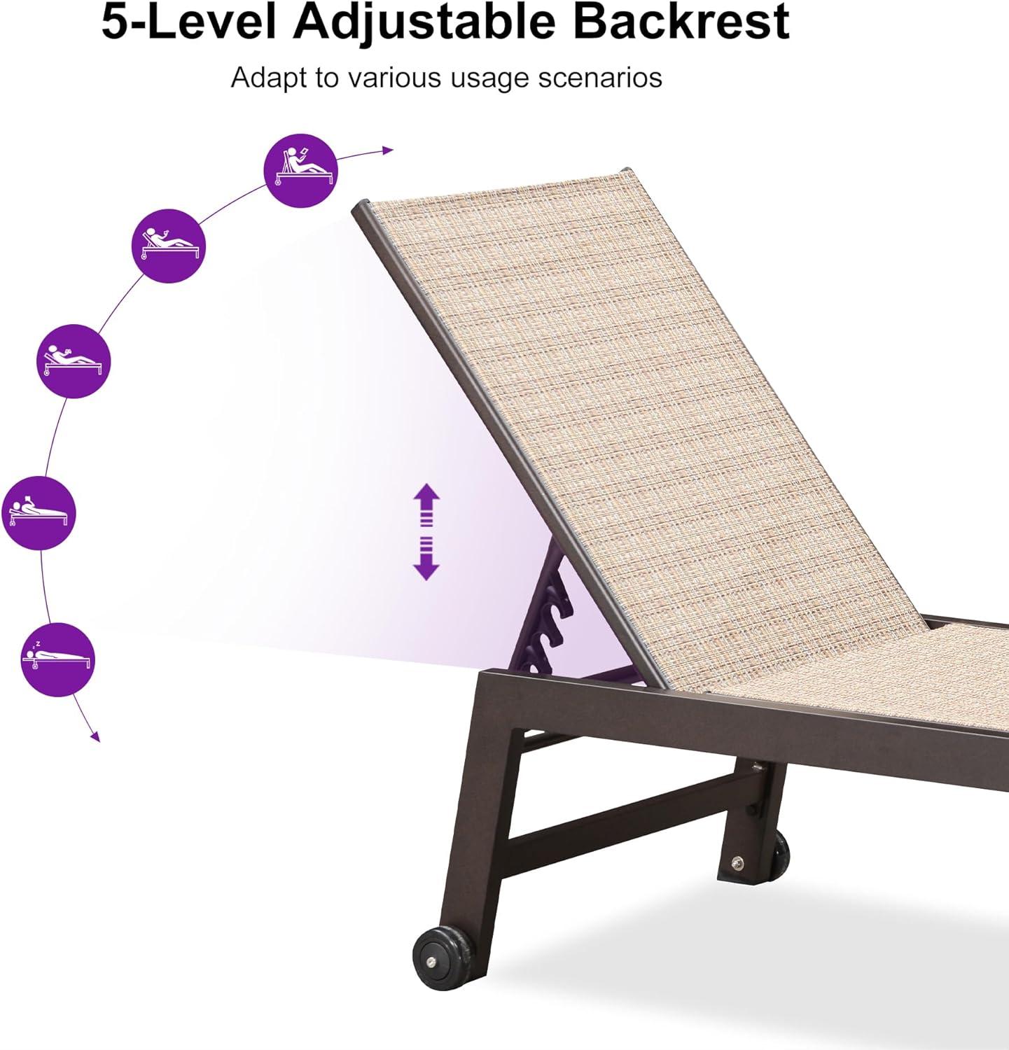 image:imagePURPLE LEAF Outdoor Chaise Lounge Chair Set of 2 Patio Pool Textilene Loungers with Adjustable Backrest and Wheels Includes Side Table for Deck Lawn Garden CreamLight Tan