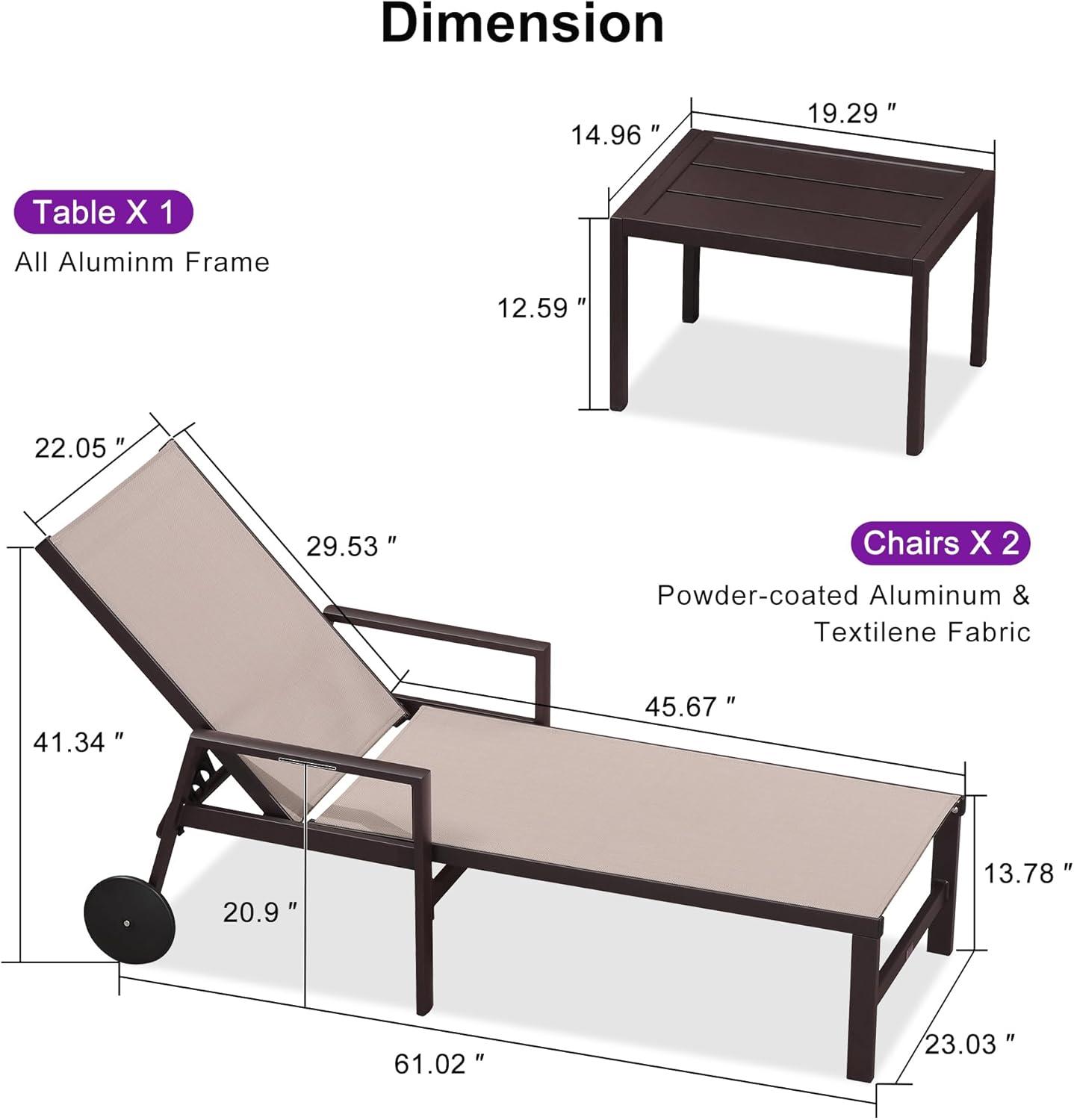 image:imagePURPLE LEAF Outdoor Chaise Lounge Chair Set of 2 Patio Pool Textilene Loungers with Adjustable Backrest and Wheels Includes Side Table for Deck Lawn Garden CreamSand Beige