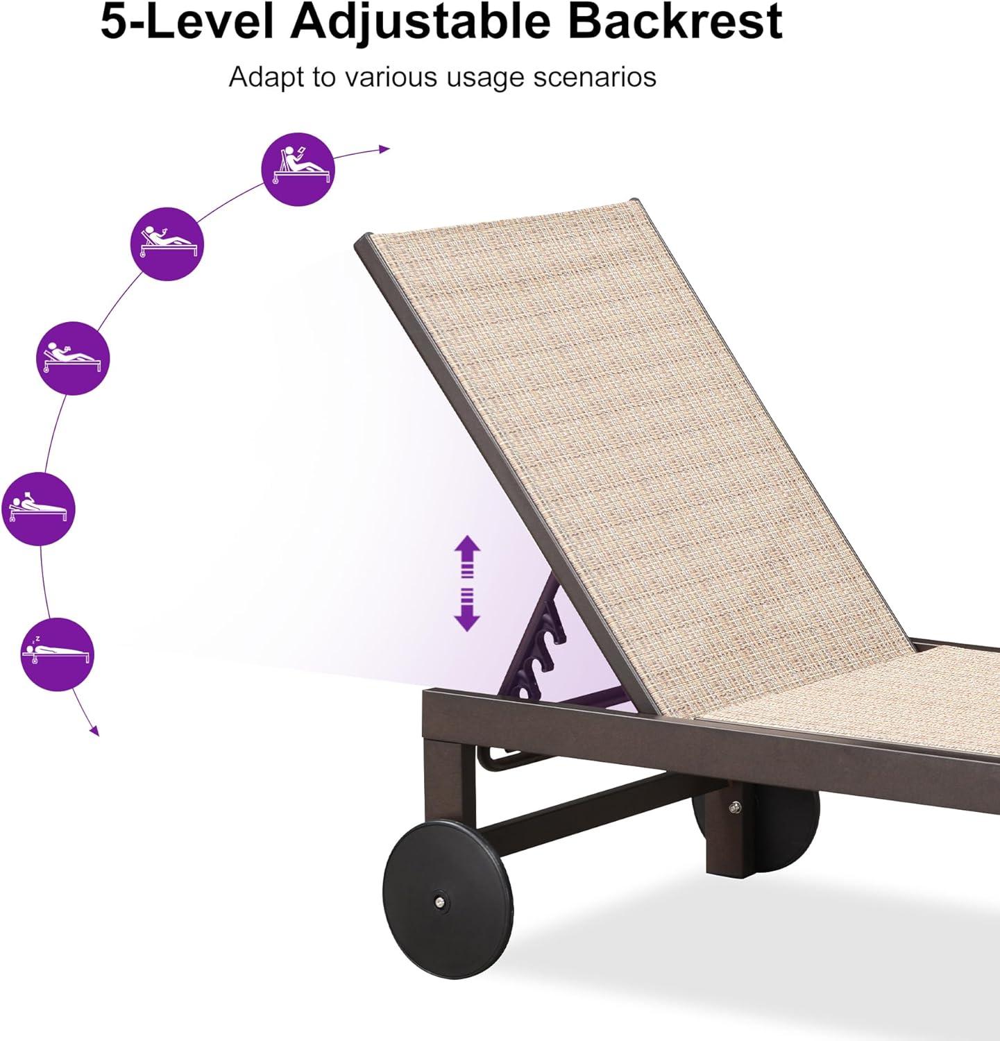 image:imagePURPLE LEAF Outdoor Chaise Lounge Chair Set of 2 Patio Pool Textilene Loungers with Adjustable Backrest and Wheels Includes Side Table for Deck Lawn Garden CreamLight Tan