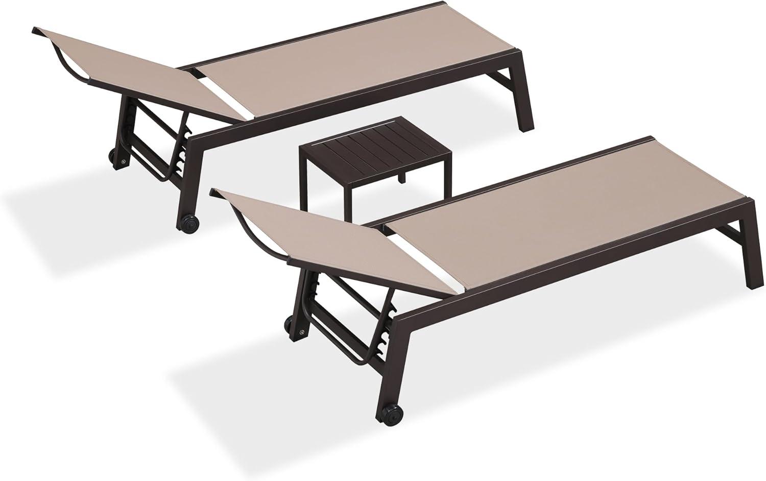 image:imagePURPLE LEAF Outdoor Chaise Lounge Chair Set of 2 Patio Pool Textilene Loungers with Adjustable Backrest and Wheels Includes Side Table for Deck Lawn Garden CreamTaupe