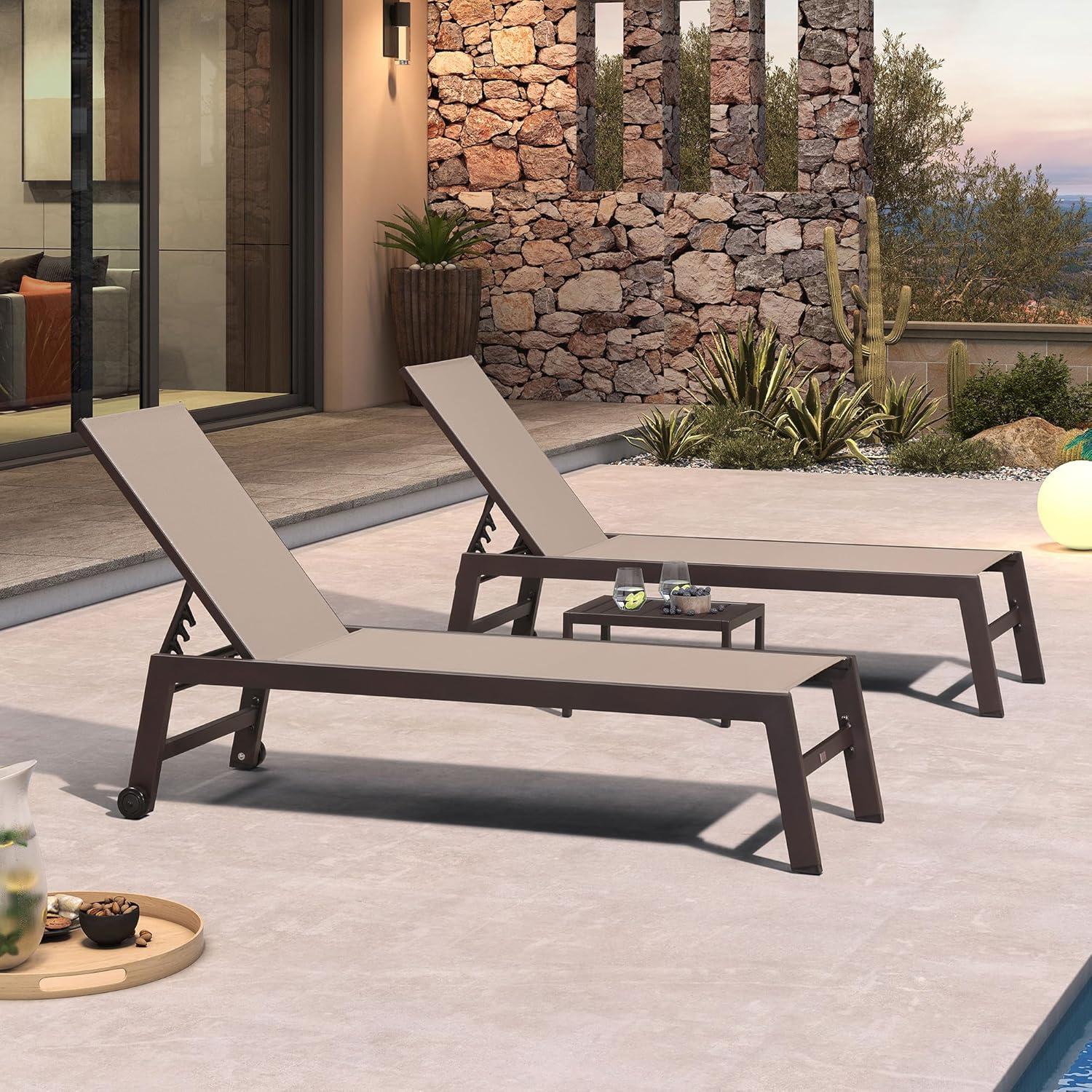 image:imagePURPLE LEAF Outdoor Chaise Lounge Chair Set of 2 Patio Pool Textilene Loungers with Adjustable Backrest and Wheels Includes Side Table for Deck Lawn Garden CreamTaupe