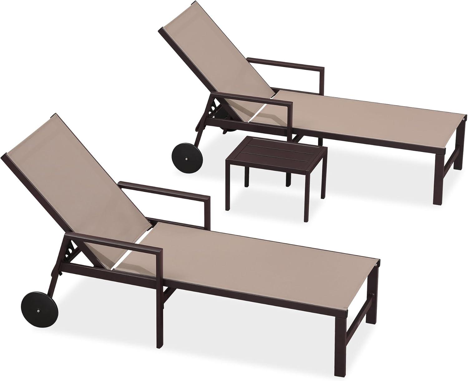 image:imagePURPLE LEAF Outdoor Chaise Lounge Chair Set of 2 Patio Pool Textilene Loungers with Adjustable Backrest and Wheels Includes Side Table for Deck Lawn Garden CreamTaupe
