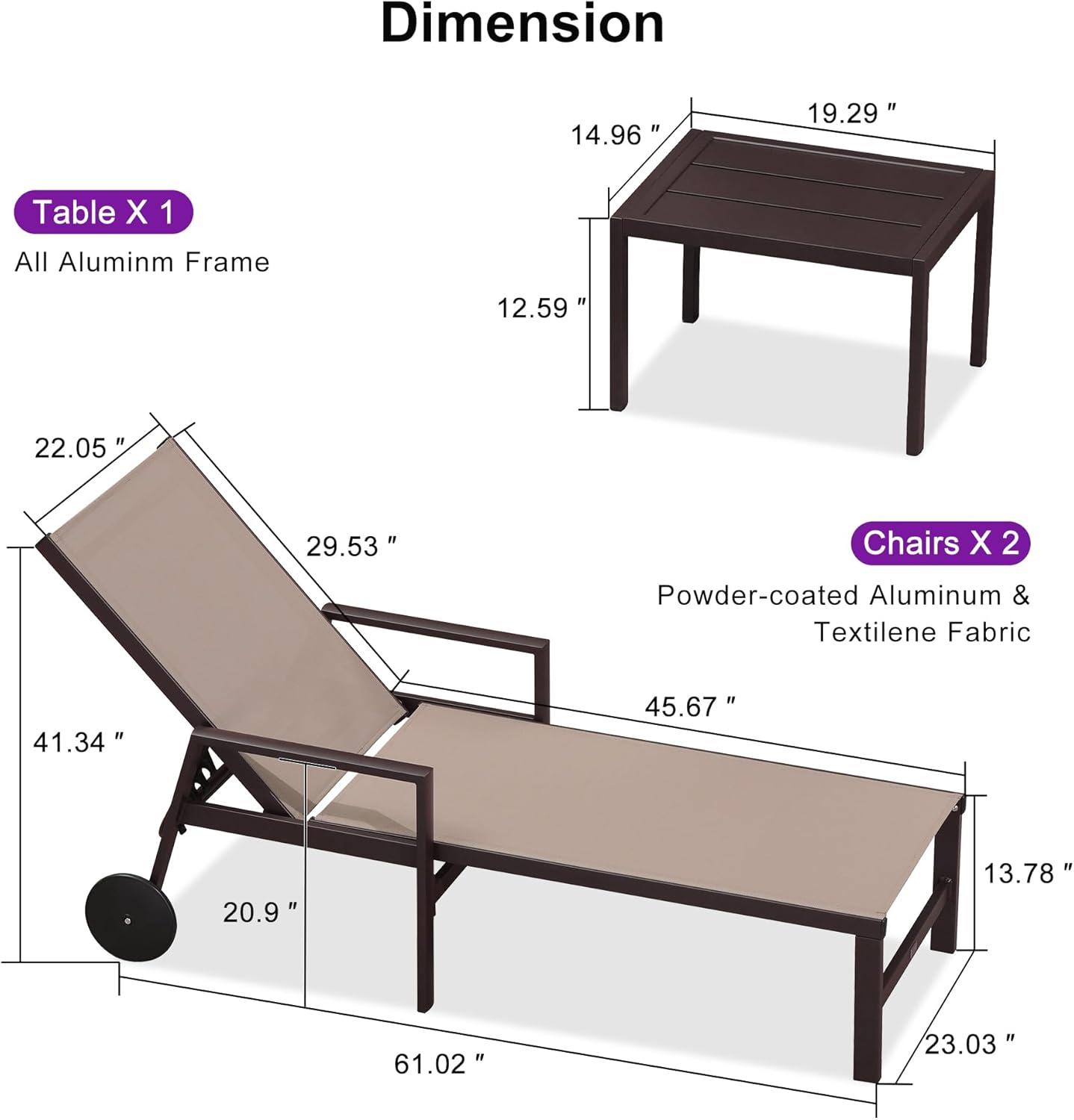 image:imagePURPLE LEAF Outdoor Chaise Lounge Chair Set of 2 Patio Pool Textilene Loungers with Adjustable Backrest and Wheels Includes Side Table for Deck Lawn Garden CreamTaupe