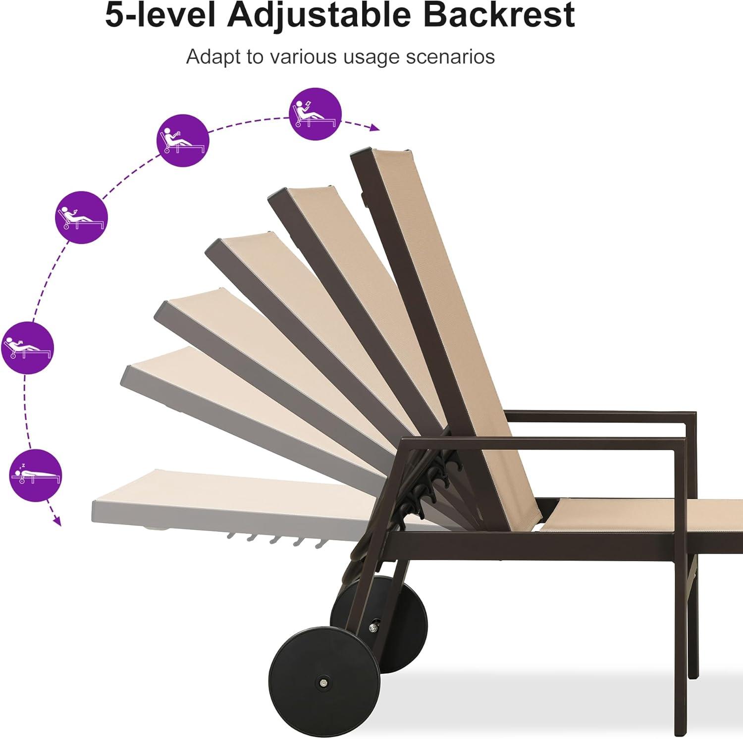 image:imagePURPLE LEAF Outdoor Chaise Lounge Chair Set of 2 Patio Pool Textilene Loungers with Adjustable Backrest and Wheels Includes Side Table for Deck Lawn Garden CreamTaupe