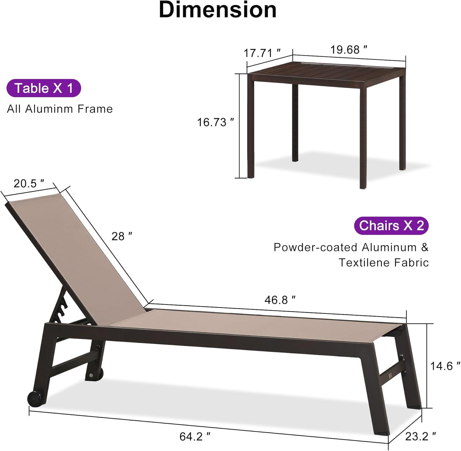image:imagePURPLE LEAF Outdoor Chaise Lounge Chair Set of 2 Patio Pool Textilene Loungers with Adjustable Backrest and Wheels Includes Side Table for Deck Lawn Garden CreamTaupe