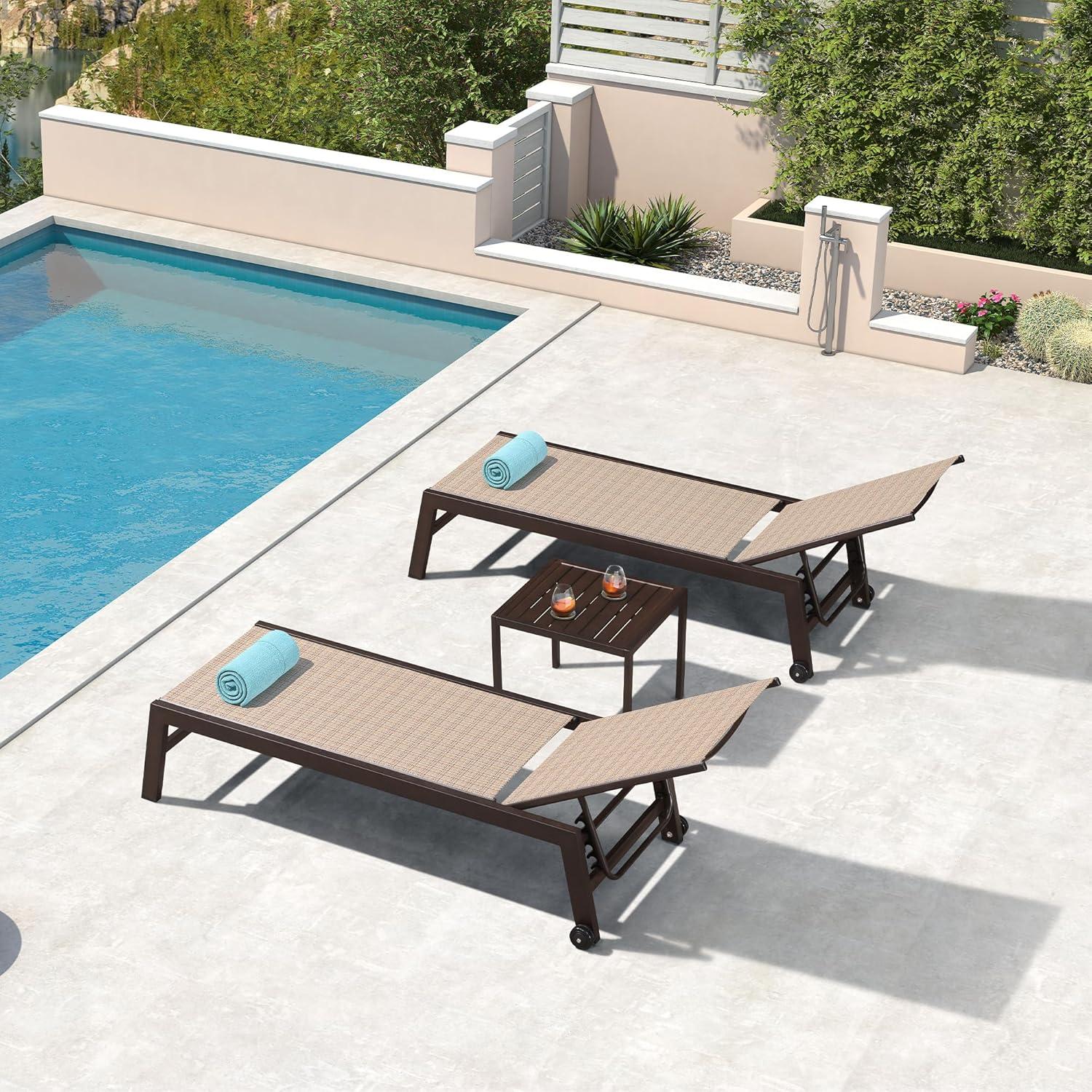 image:imagePURPLE LEAF Outdoor Chaise Lounge Chair Set of 2 Patio Pool Textilene Loungers with Adjustable Backrest and Wheels Includes Side Table for Deck Lawn Garden CreamLight Tan