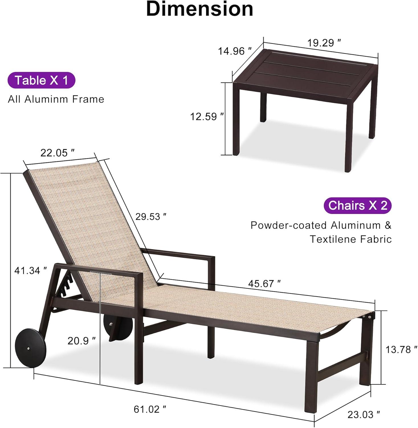 image:imagePURPLE LEAF Outdoor Chaise Lounge Chair Set of 2 Patio Pool Textilene Loungers with Adjustable Backrest and Wheels Includes Side Table for Deck Lawn Garden CreamLight Tan