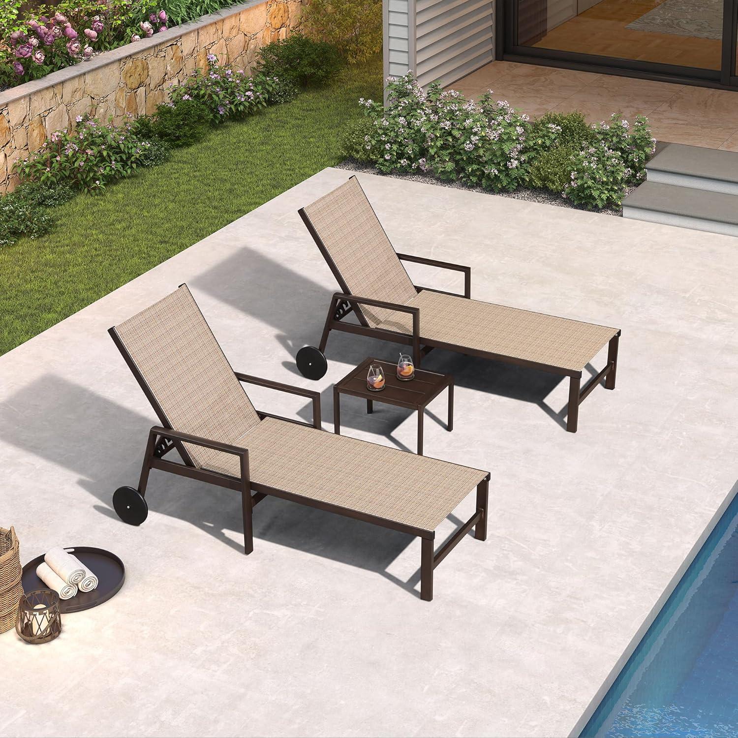 image:imagePURPLE LEAF Outdoor Chaise Lounge Chair Set of 2 Patio Pool Textilene Loungers with Adjustable Backrest and Wheels Includes Side Table for Deck Lawn Garden CreamLight Tan