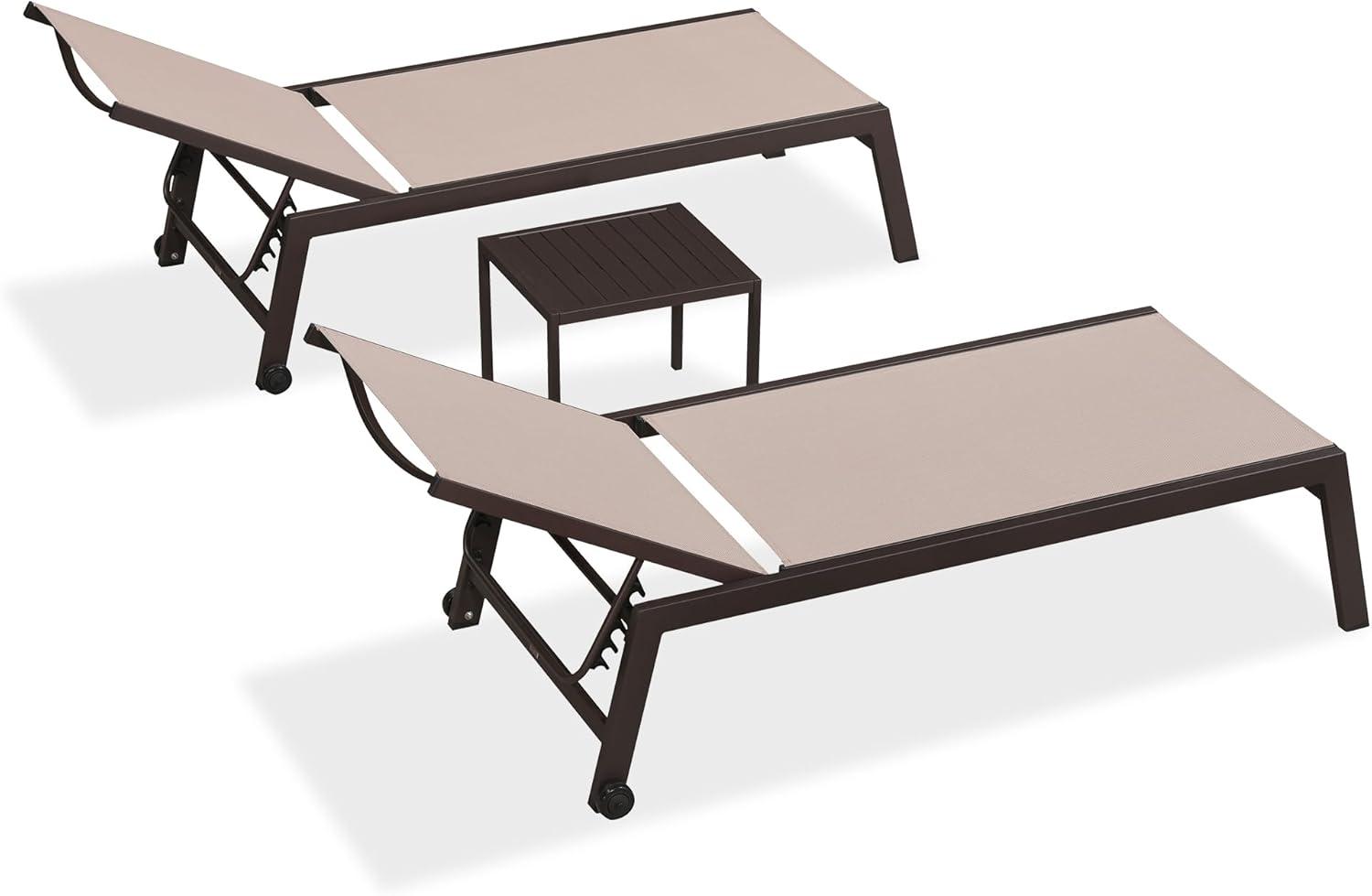 image:imagePURPLE LEAF Outdoor Chaise Lounge Chair Set of 2 Patio Pool Textilene Loungers with Adjustable Backrest and Wheels Includes Side Table for Deck Lawn Garden CreamSand Beige