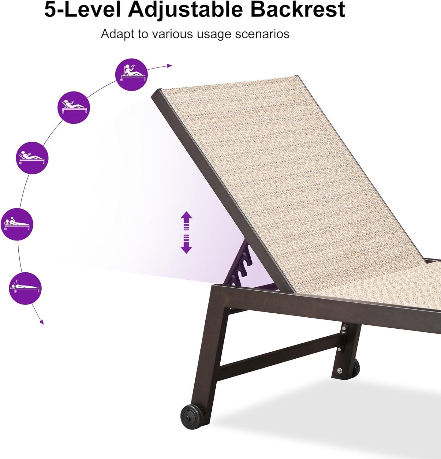 image:imagePURPLE LEAF Outdoor Chaise Lounge Chair Set of 2 Patio Pool Textilene Loungers with Adjustable Backrest and Wheels Includes Side Table for Deck Lawn Garden CreamLight Tan