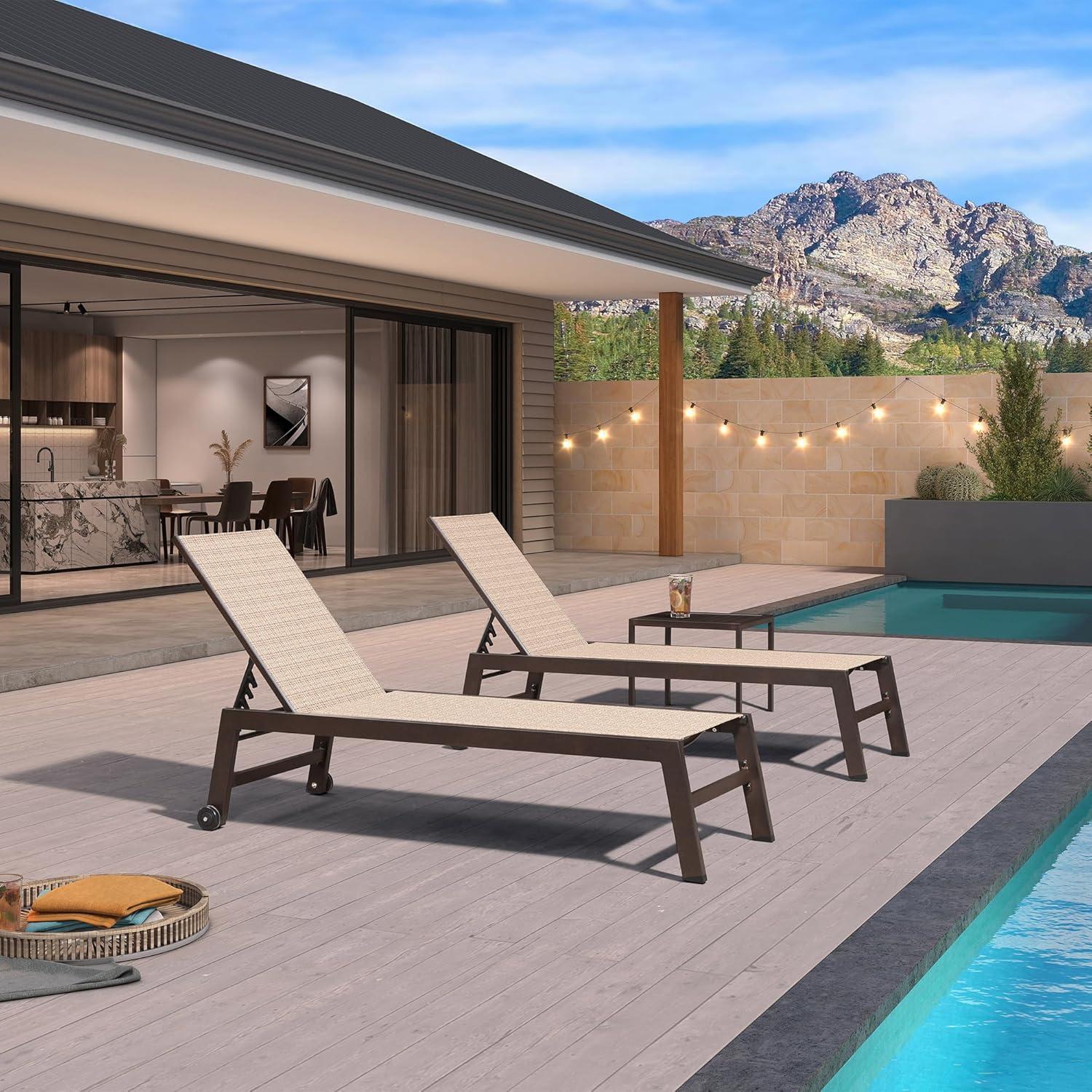 image:imagePURPLE LEAF Outdoor Chaise Lounge Chair Set of 2 Patio Pool Textilene Loungers with Adjustable Backrest and Wheels Includes Side Table for Deck Lawn Garden CreamLight Tan
