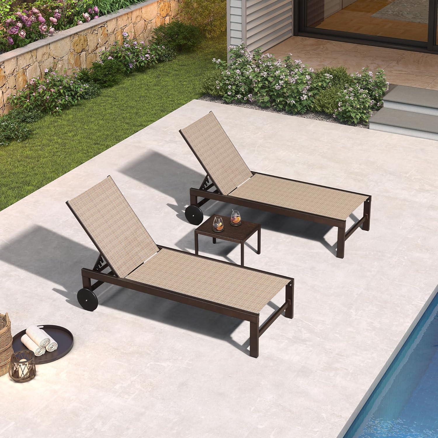 image:imagePURPLE LEAF Outdoor Chaise Lounge Chair Set of 2 Patio Pool Textilene Loungers with Adjustable Backrest and Wheels Includes Side Table for Deck Lawn Garden CreamLight Tan