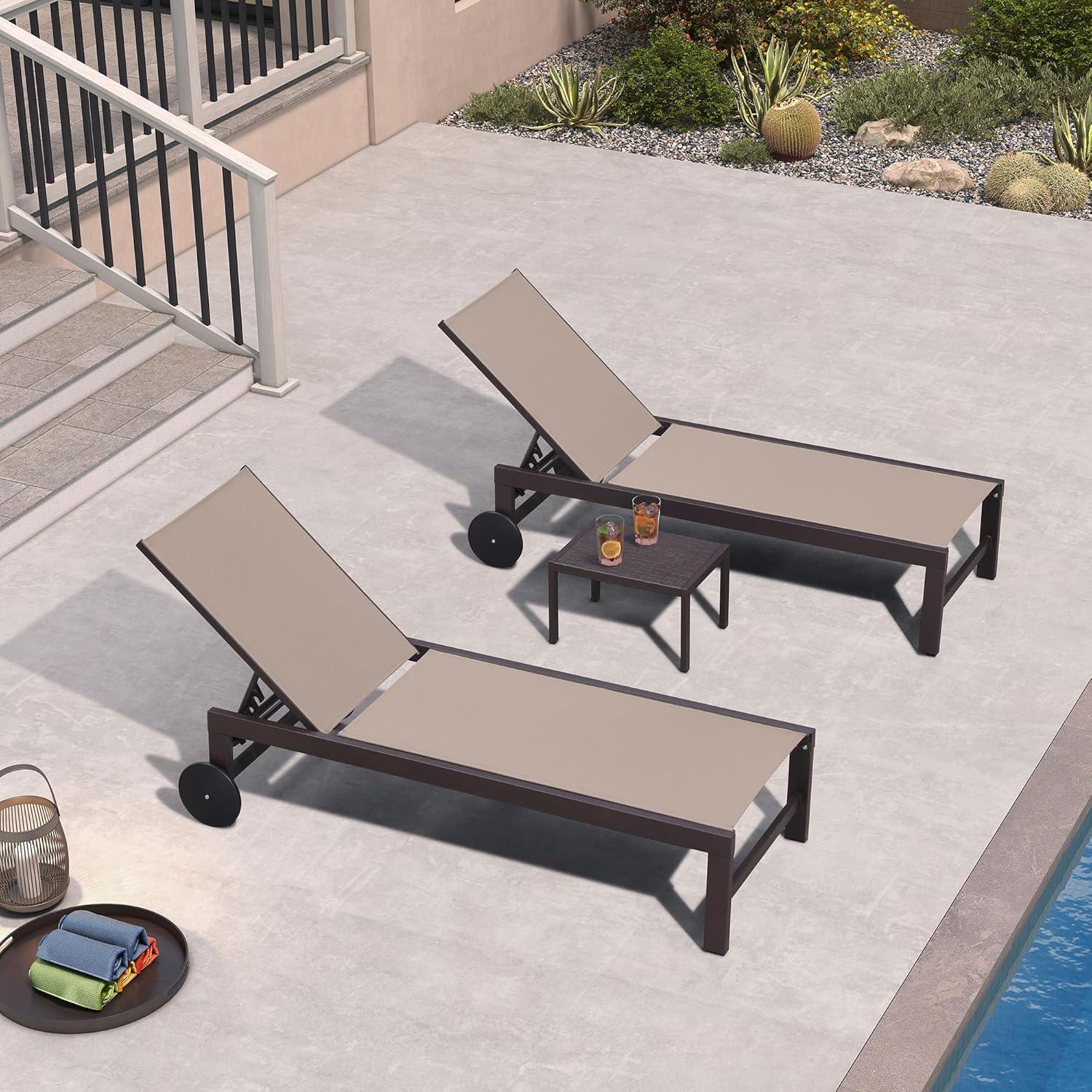 image:imagePURPLE LEAF Outdoor Chaise Lounge Chair Set of 2 Patio Pool Textilene Loungers with Adjustable Backrest and Wheels Includes Side Table for Deck Lawn Garden CreamTaupe