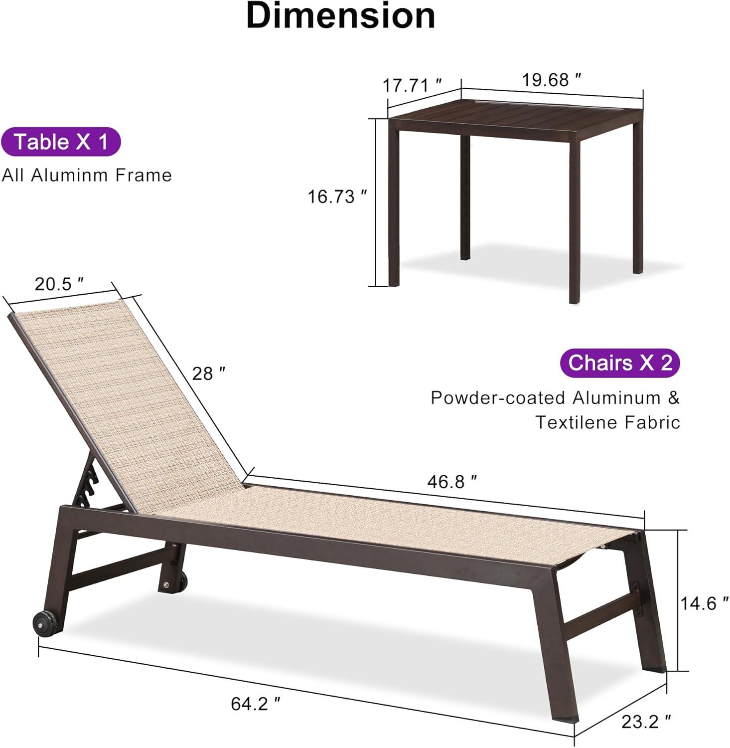 image:imagePURPLE LEAF Outdoor Chaise Lounge Chair Set of 2 Patio Pool Textilene Loungers with Adjustable Backrest and Wheels Includes Side Table for Deck Lawn Garden CreamLight Tan