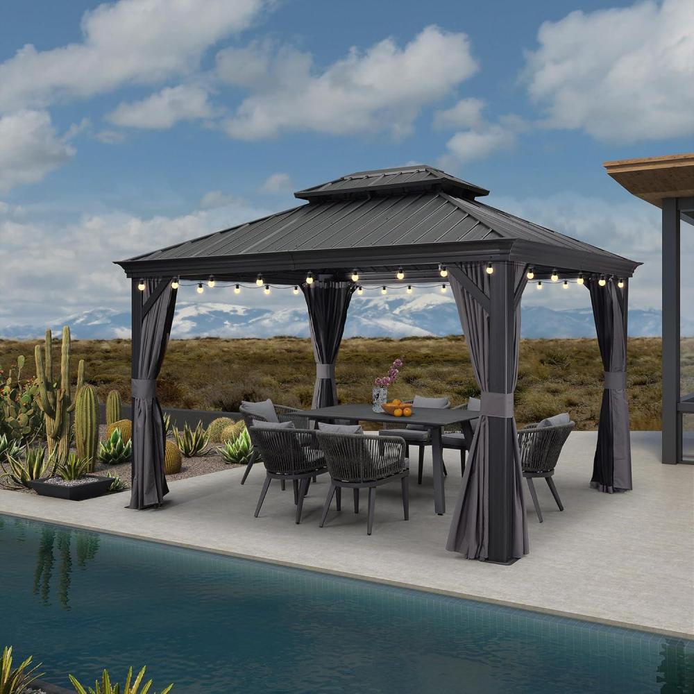 image:imagePURPLE LEAF 10 X 12 Permanent Hardtop Gazebo Aluminum Gazebo with Galvanized Steel Double Roof for Patio Lawn and Garden Curtains and Netting Included GreyGrey with Lights