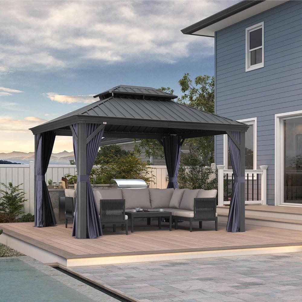 image:imagePURPLE LEAF 10 X 12 Permanent Hardtop Gazebo Aluminum Gazebo with Galvanized Steel Double Roof for Patio Lawn and Garden Curtains and Netting Included GreyNavy Blue