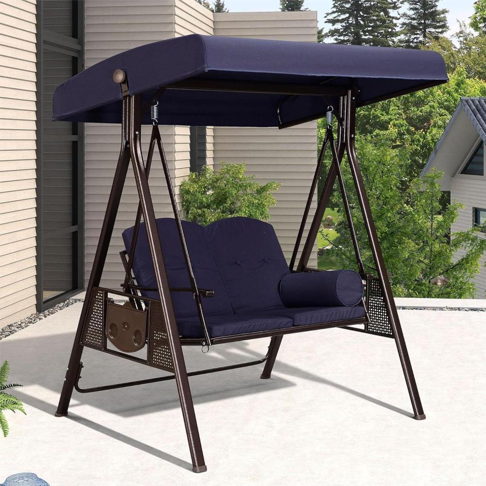 image:imagePURPLE LEAF 3Seat Deluxe Outdoor Patio Porch Swing with Weather Resistant Steel Frame Adjustable Tilt Canopy Cushions and Pillow Included BeigeNavy Blue