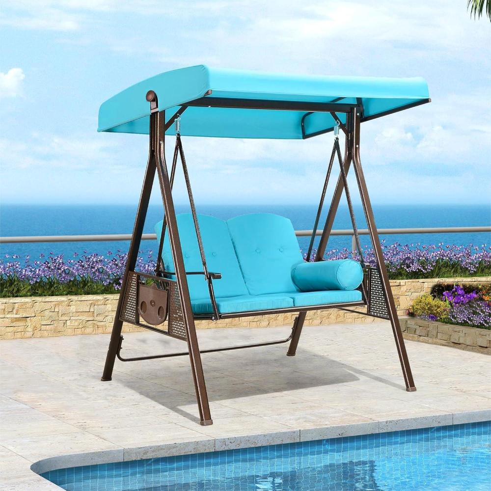 image:imagePURPLE LEAF 3Seat Deluxe Outdoor Patio Porch Swing with Weather Resistant Steel Frame Adjustable Tilt Canopy Cushions and Pillow Included BeigeTurquoise Blue
