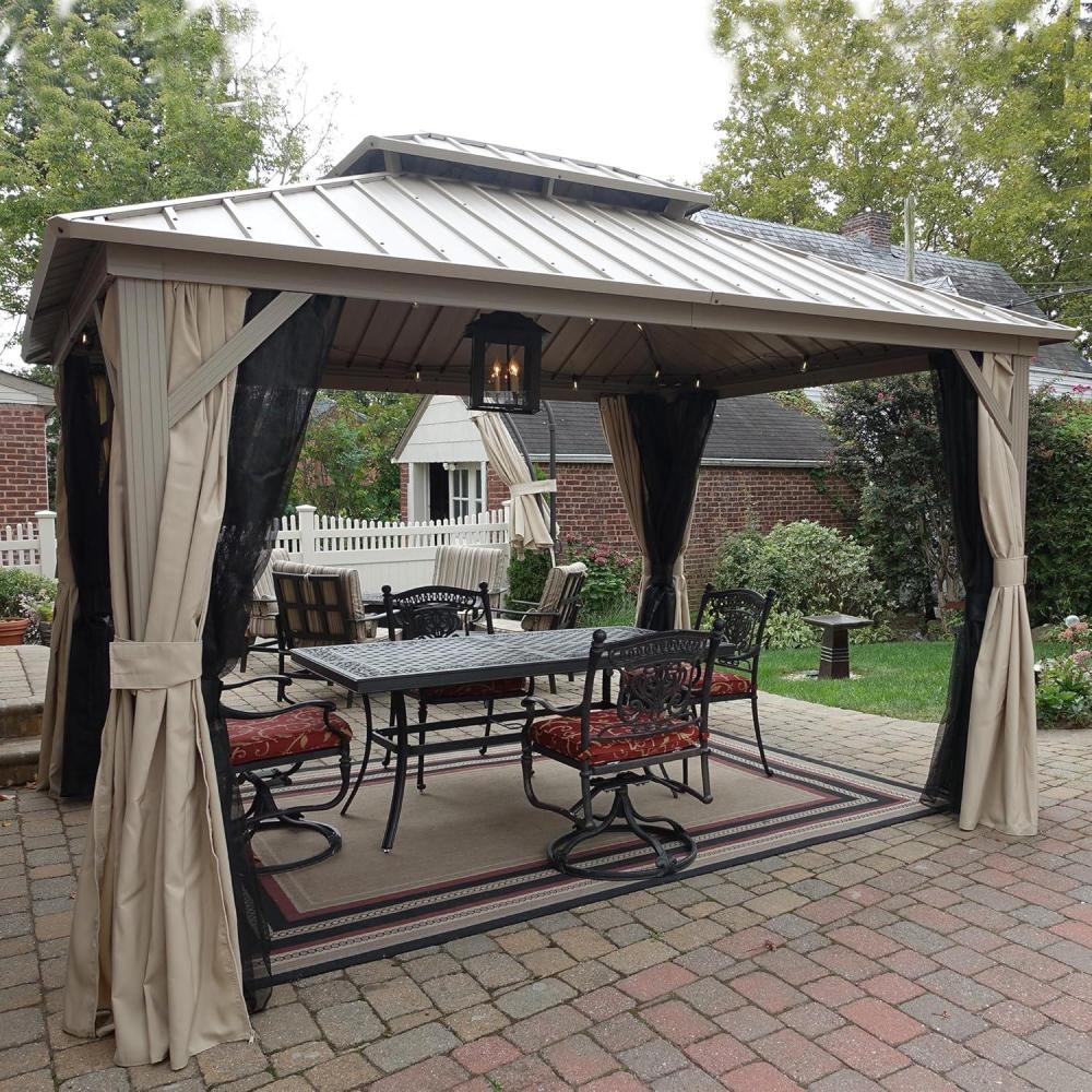 image:imagePURPLE LEAF 8 x 10 Outdoor Hardtop Gazebo Champagne Small Aluminum Gazebo with Galvanized Steel Double Roof Curtains and Netting for Patio Lawn and Garden10 X 12