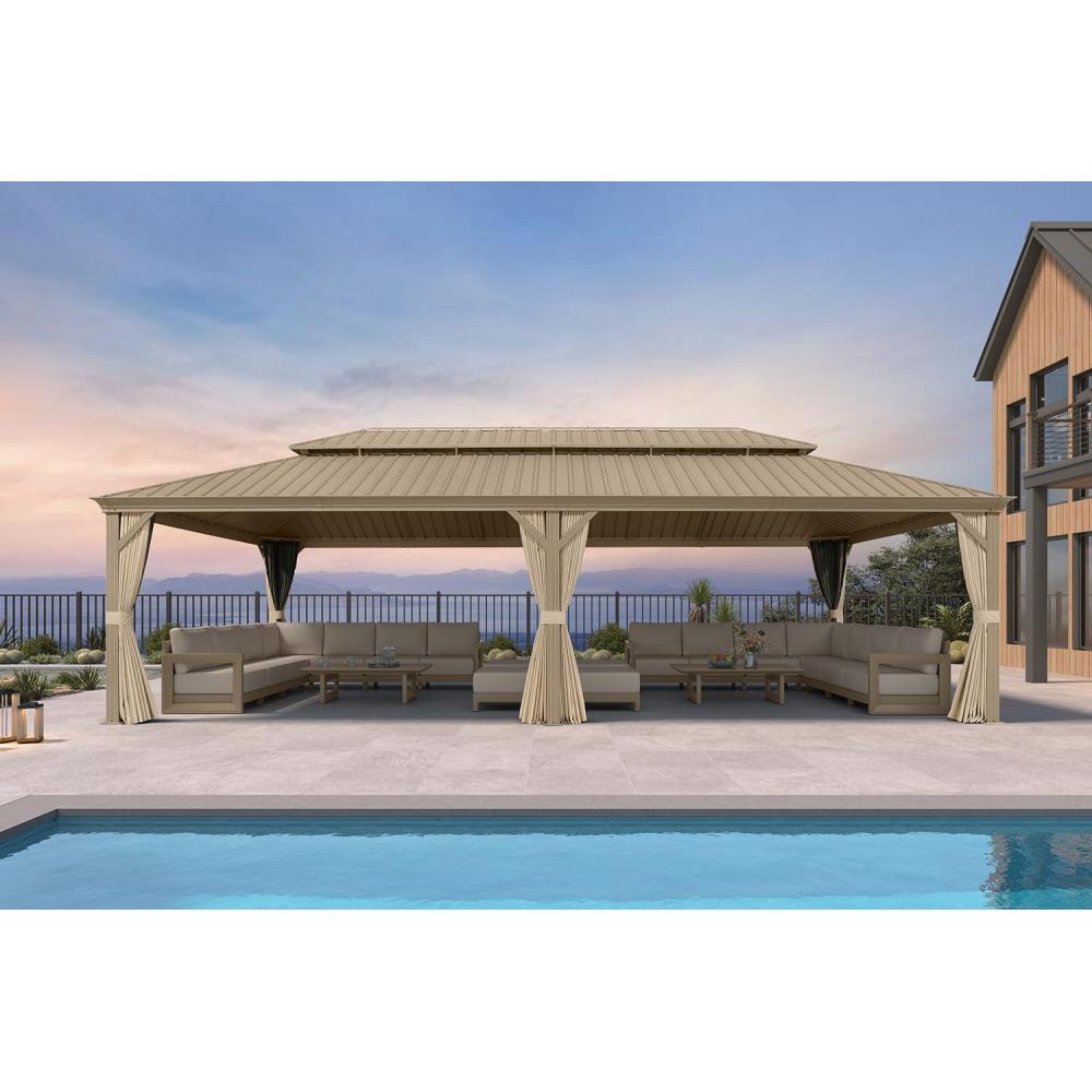 image:imagePURPLE LEAF 8 x 10 Outdoor Hardtop Gazebo Champagne Small Aluminum Gazebo with Galvanized Steel Double Roof Curtains and Netting for Patio Lawn and Garden14 X 28