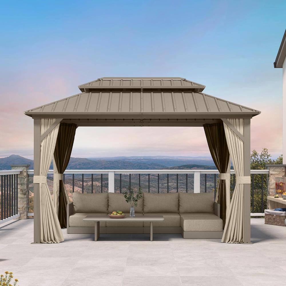 image:imagePURPLE LEAF 8 x 10 Outdoor Hardtop Gazebo Champagne Small Aluminum Gazebo with Galvanized Steel Double Roof Curtains and Netting for Patio Lawn and Garden8 X 12