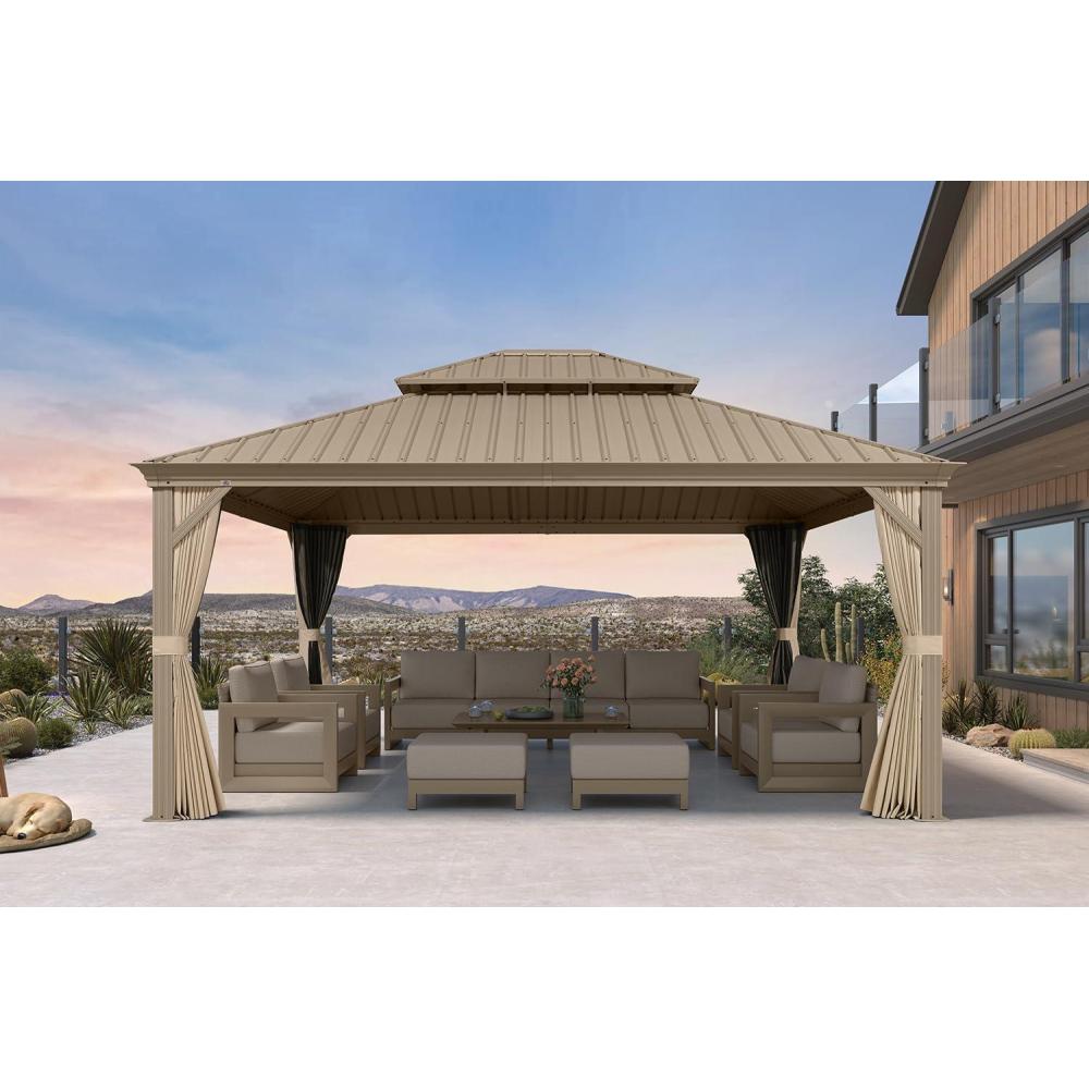image:imagePURPLE LEAF 8 x 10 Outdoor Hardtop Gazebo Champagne Small Aluminum Gazebo with Galvanized Steel Double Roof Curtains and Netting for Patio Lawn and Garden14 X 16