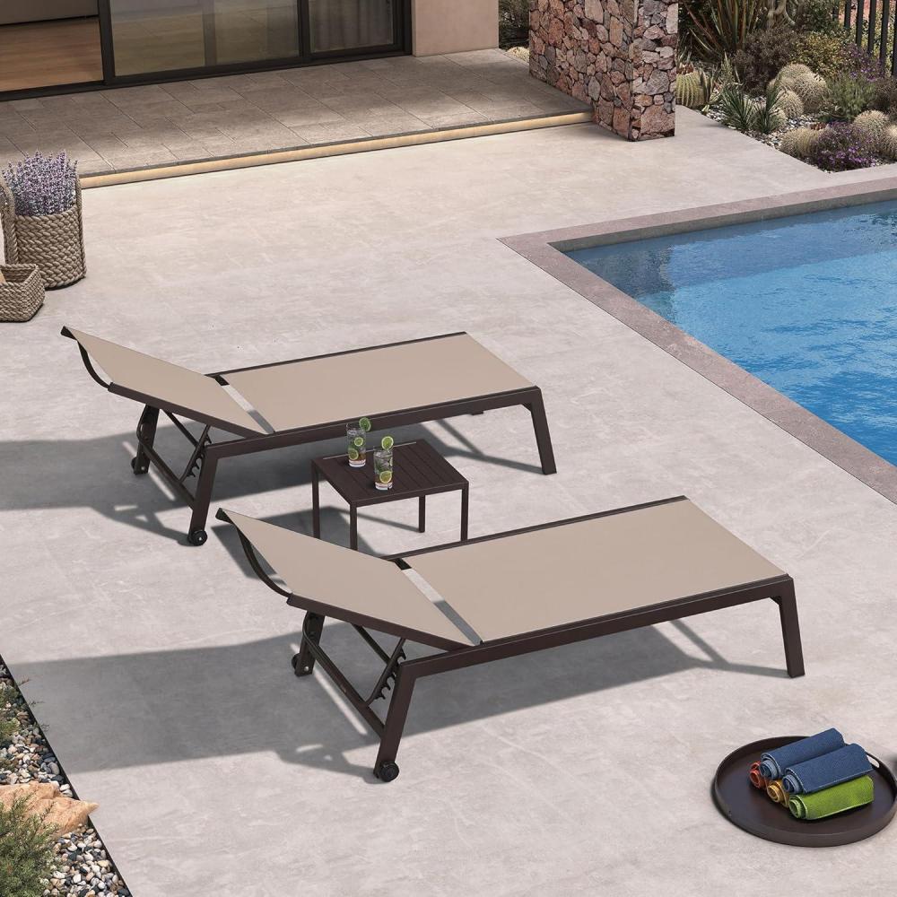 image:imagePURPLE LEAF Outdoor Chaise Lounge Chair Set of 2 Patio Pool Textilene Loungers with Adjustable Backrest and Wheels Includes Side Table for Deck Lawn Garden CreamTaupe