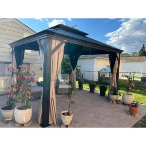 PURPLE LEAF 10′ X 12′ Permanent Hardtop Gazebo Aluminum Gazebo with Galvanized Steel Double Roof for Patio Lawn and Garden, Curtains and Netting Included, Grey(Beige)