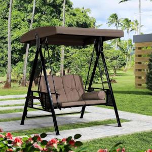 PURPLE LEAF 3-Seat Deluxe Outdoor Patio Porch Swing with Weather Resistant Steel Frame, Adjustable Tilt Canopy, Cushions and Pillow Included, Beige(Beige)