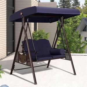 PURPLE LEAF 3-Seat Deluxe Outdoor Patio Porch Swing with Weather Resistant Steel Frame, Adjustable Tilt Canopy, Cushions and Pillow Included, Beige(Navy Blue)