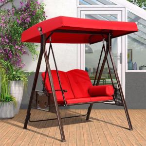 PURPLE LEAF 3-Seat Deluxe Outdoor Patio Porch Swing with Weather Resistant Steel Frame, Adjustable Tilt Canopy, Cushions and Pillow Included, Beige(Terra)