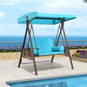 PURPLE LEAF 3-Seat Deluxe Outdoor Patio Porch Swing with Weather Resistant Steel Frame, Adjustable Tilt Canopy, Cushions and Pillow Included, Beige(Turquoise Blue)
