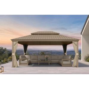 PURPLE LEAF 8′ x 10′ Outdoor Hardtop Gazebo, Champagne Small Aluminum Gazebo with Galvanized Steel Double Roof, Curtains and Netting for Patio Lawn and Garden(13′ X 17′)