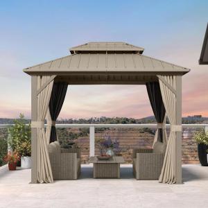 PURPLE LEAF 8′ x 10′ Outdoor Hardtop Gazebo, Champagne Small Aluminum Gazebo with Galvanized Steel Double Roof, Curtains and Netting for Patio Lawn and Garden(8′ X 10′)