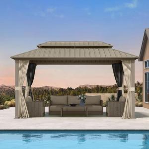 PURPLE LEAF 8′ x 10′ Outdoor Hardtop Gazebo, Champagne Small Aluminum Gazebo with Galvanized Steel Double Roof, Curtains and Netting for Patio Lawn and Garden(8′ X 14′)