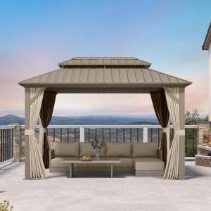 PURPLE LEAF 8′ x 10′ Outdoor Hardtop Gazebo, Champagne Small Aluminum Gazebo with Galvanized Steel Double Roof, Curtains and Netting for Patio Lawn and Garden(8′ X 12′)