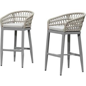 PURPLE LEAF Outdoor 29″ Bar Stools Set of 2, Boho Patio Bar Height Chair with Cushion and Back for Outdoor and Indoor, Garden, Patio, Teak(Light Grey)