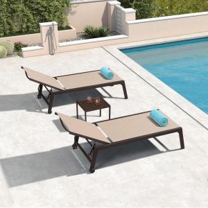 PURPLE LEAF Outdoor Chaise Lounge Chair Set of 2, Patio Pool Textilene Loungers with Adjustable Backrest and Wheels, Includes Side Table for Deck, Lawn, Garden, Cream(Light Tan)